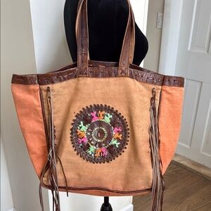 Calypso Christiane Celle Womens Leather Trim Tote Bag With Fringe Accents